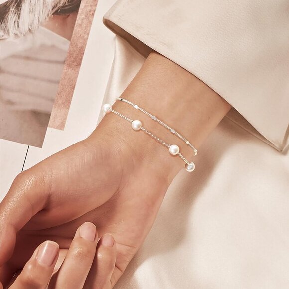 Silver Dainty Stack Cuban Beaded Heart, Bracelets Jewelry Gifts for Women - Picture 2 of 7